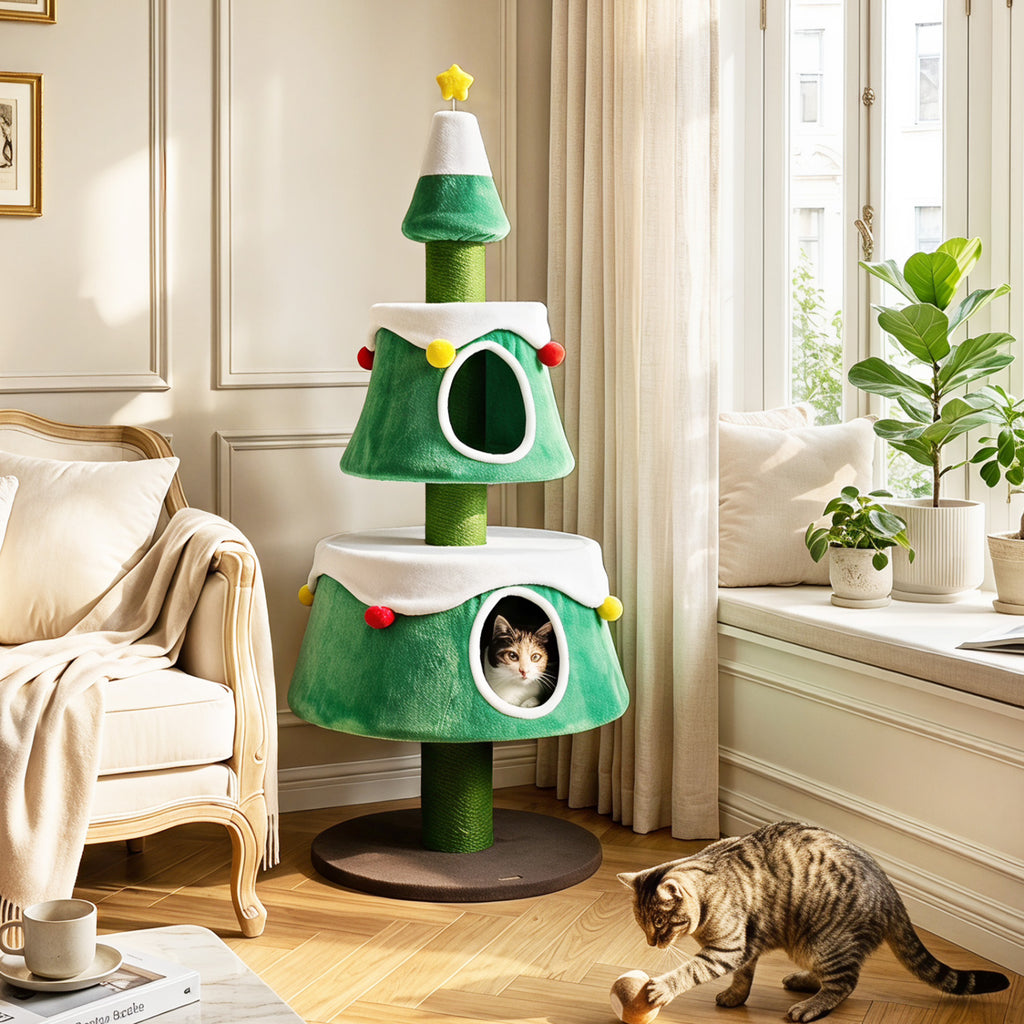 Green 61.5-Inch Cat Christmas Tree with Condos, Star Toy & Decorations