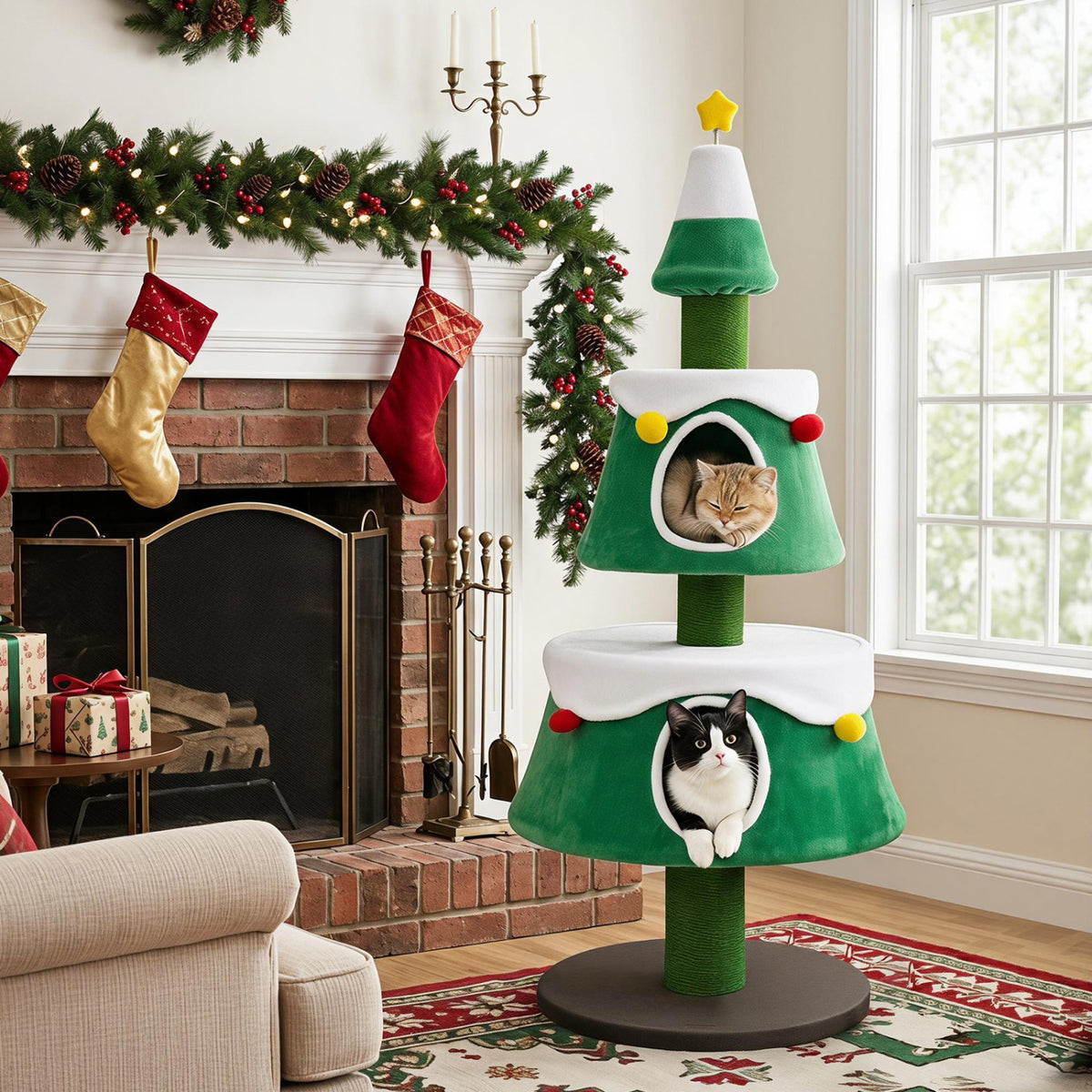 Green 61.5-Inch Cat Christmas Tree with Condos, Star Toy & Decorations