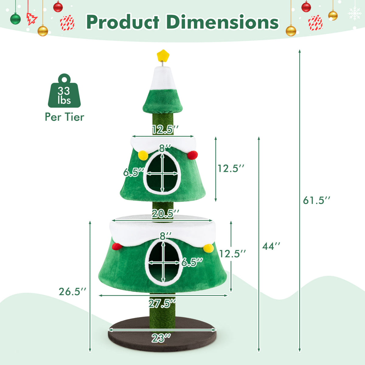 Green 61.5-Inch Cat Christmas Tree with Condos, Star Toy & Decorations