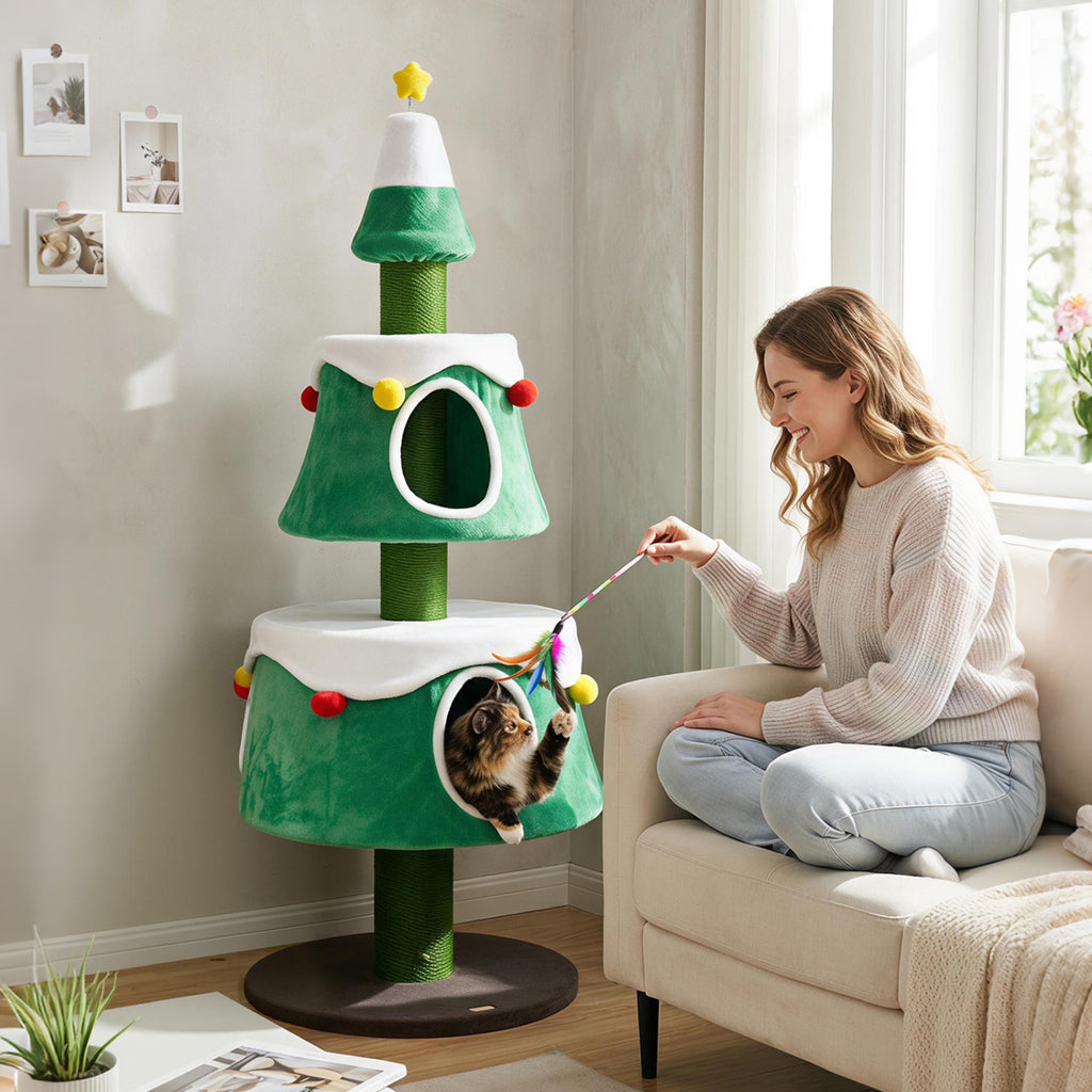 Green 61.5-Inch Cat Christmas Tree with Condos, Star Toy & Decorations