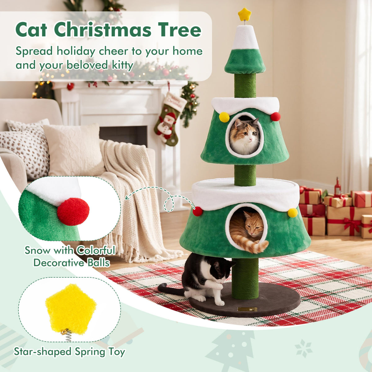 Green 61.5-Inch Cat Christmas Tree with Condos, Star Toy & Decorations