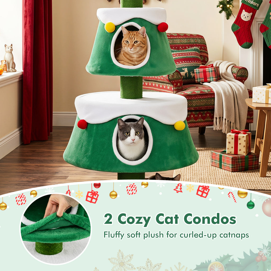 Green 61.5-Inch Cat Christmas Tree with Condos, Star Toy & Decorations