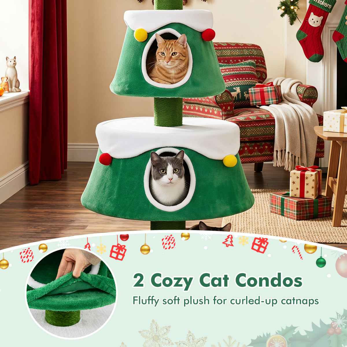 Green 61.5-Inch Cat Christmas Tree with Condos, Star Toy & Decorations
