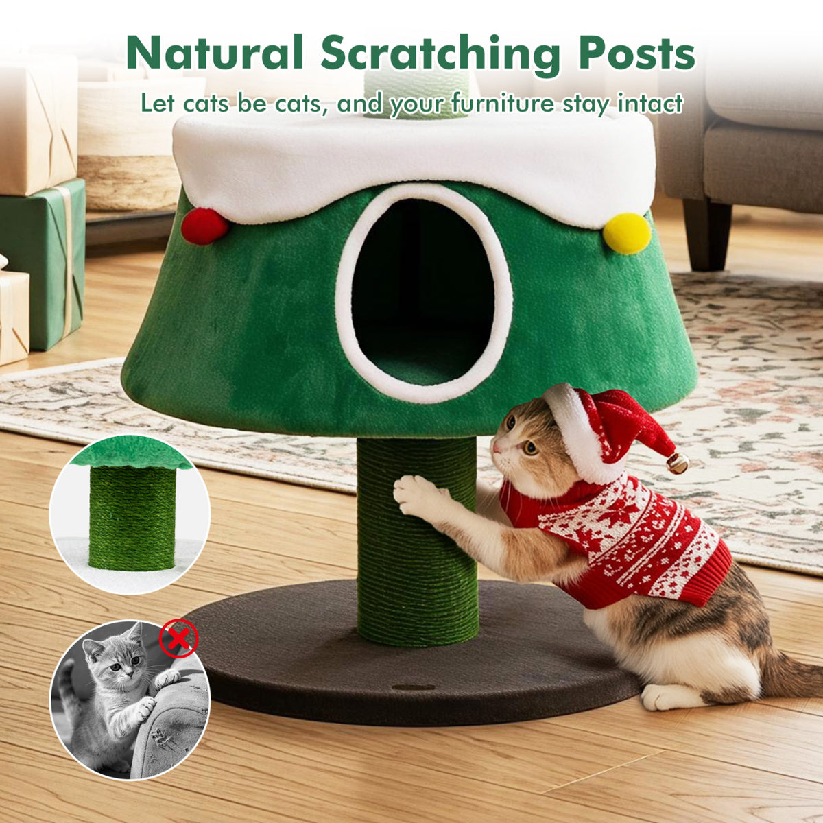 Green 61.5-Inch Cat Christmas Tree with Condos, Star Toy & Decorations