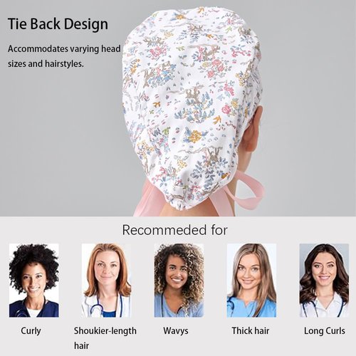 6Pcs Satin Lined Scrub Caps Women Ponytail, Adjustable Surgical Caps for Women, Scrub Hats, Nurse Cap, Nurse Surgical Hat with Button and Sweatband, Elastic Ponytail Pouch Tie Back