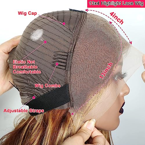 28 Inch Highlight Ombre Lace Front Wig Human Hair Pre Plucked 13x4 Colored 4/27 HD Lace Frontal Human Hair Wigs with Baby Hair 180% Density Honey Blonde Straight Lace Front Wigs Human Hair