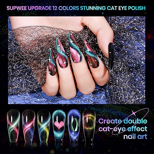Cat Eye Gel Nail Polish Set - 12 Colors 9D Magnetic Nail Polish Gel Galaxy Cateye Nail Gels Polishes with 1 Black Gels and Magnetic Lamp Cure Required Home Manicure DIY Nail Art