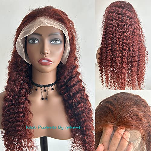 Siyun Show 13x4 Reddish Brown Deep Wave Lace Front Wigs Human Hair Wigs for Black Women Auburn Deep Curly Human Hair Wig 32 Inch