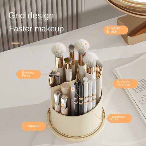 Rotating Makeup Brush Holder with Clear Lid – 360° Makeup Brush Organizer for All Brush Sizes, Durable Dustproof Storage Stand with Large Capacity, Easy to Clean, No Assembly (Milk yellow/transparent)