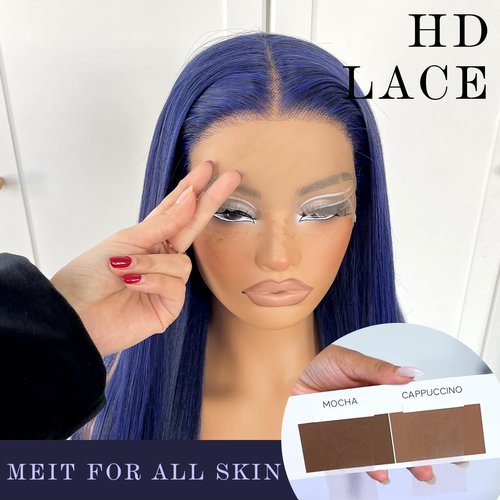 MITIMES Blue Straight HD Lace Front Wig Pre-Plucked Glueless Synthetic Dark Blue Lace Front Wig For Fashion Women Transparent Lace Front Wig For Cosplay Party
