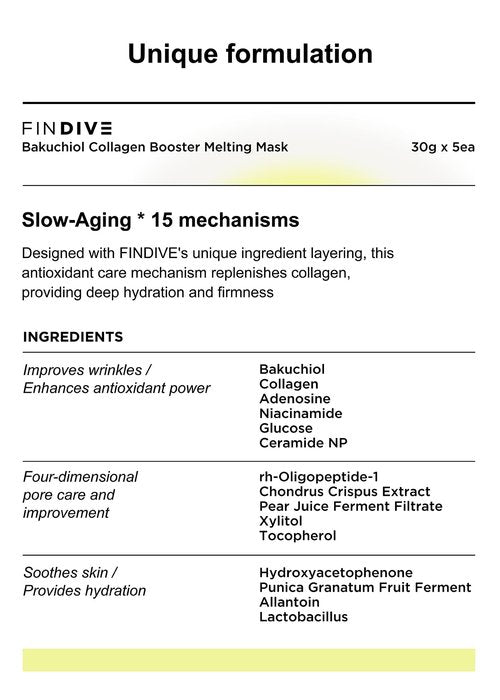 FINDIVE OFFICIAL Bakuchiol Collagen Booster Melting Mask, Bakuchiol, Plan-Based Retinal Alternative, Collagen 63%, Lactobacillus, Ceramide, Allantoin, Korean Skincare 1.05fl.oz x 5 Sheets