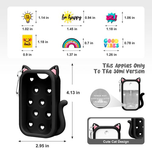 Kivzex Cat Silicone Case for Touchland Hand Sanitizer Spray with Keychain, Compatible with Power Mist & Glow Mist 1 FL Oz/30ML for Touchland Case, with Charms Accessory Cute Travel Cover Sleeve Black