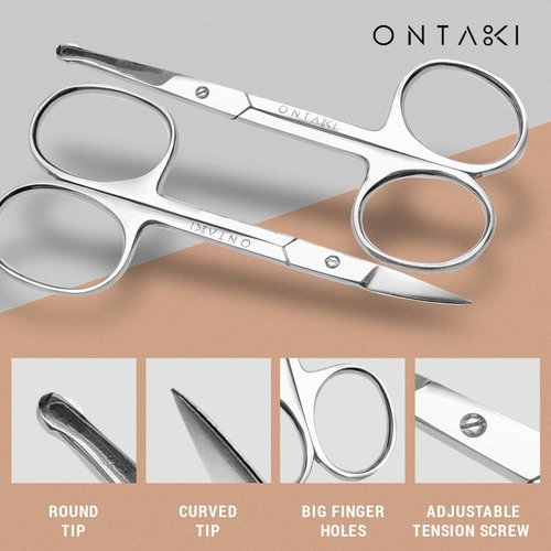 Ontaki Curved & Rounded Men's Facial Hair Scissors - Silver Ambidextrous - Beard, Nose & Eyebrow Grooming with Professional Beard, Nose Hair & Eyebrow Scissors for Men