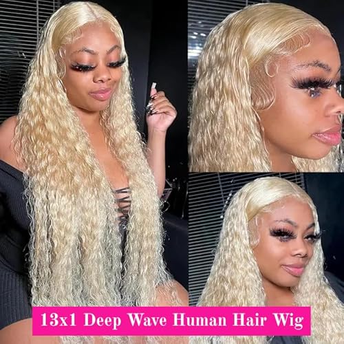 Blonde Wig Human Hair, 613 13x1 HD Transparent Lace Frontal Wig Human Hair, 613 Lace Front Wig Human Hair, 180% Density 30inch Deep Wave Blonde Lace Front Wigs Human Hair Pre Plucked