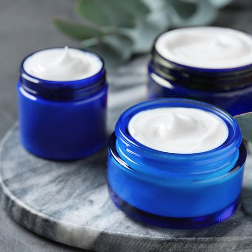 IRON BILL 1 Oz Blue Round Glass Jars with Inner Liners and Black Lids(24PCS) Empty Cream Containers Refillable Cosmetic Vials for Cosmetics, Lotions, Ointment, Body Scrubs & Balms