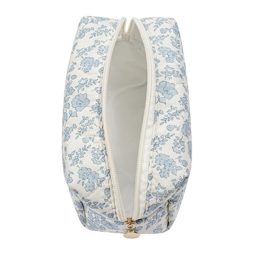 WHHJM Cute Floral Makeup Bag Small Cotton Quilted Cosmetic Bag, Aesthetic Essential Bag Emergency Bag Gift for Women Girls Travel Accessories (Blue Floral)