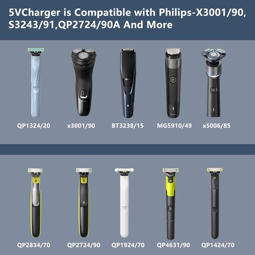 5V Charger for Philips Electric Shaver, Replacement Charger for Philips Norelco One Blade QP2724 QP2834 QP1324 MG5910 MG7910 MG9510 MG9520 PQ888 PQ889 (Only Fit for 5V,Not All Models) ﻿