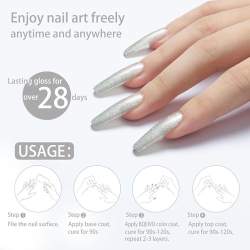 BQEIVO Gel Nail Polish 12 ml Dreamy,shimmery gel nail polish with lasting shine Cured with UV lamp Ideal for at-home manicure, beach parties, and nail art (Stardust Silver)