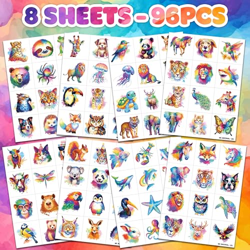 96 PCS Watercolor Animal Pre-Cut Temporary Tattoos for Kids | Super Cute Themed Birthday Party Favors, Supplies, Decorations, Animal Fake Tattoo Stickers, School Rewards Prizes & Gifts Boys & Girls