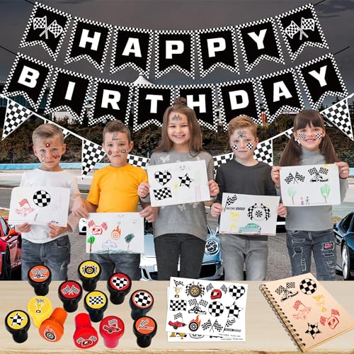36PCS Checkered Flag Party Favors - 24PCS Temporary Tattoos & 12PCS Stamps - Ideal Black and White Race Flag Themed Birthday Card Decorations Supplies Goodie Bag Cute Rewards for Boys Girls Gifts