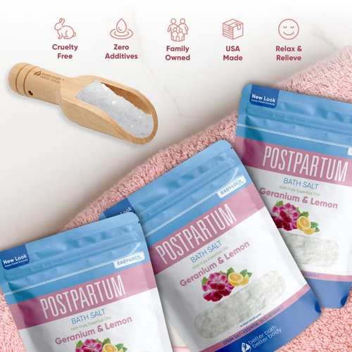 Postpartum Bath Salt (3 Pack with Scoop) Postpartum Bath Soaks USP Grade Epsom Salt with Pure Essential Oils in BPA Free Pouch with Press Lock Seal Made in USA Three 2 Lbs Pouches 6 Lbs Total