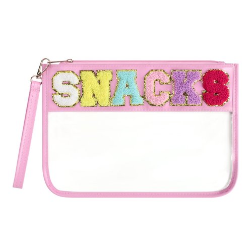 Narsikar Clear Snack Bag for Travel, Chenille Letter Clear Zipper Snacks Pouch Nylon Cosmetic Bag Makeup Travel Bag for Women(Pink)