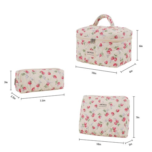 Umchichi Makeup Bag, Quilted Cosmetic Bag, Large strawberry Makeup Bag for women, Cotton Makeup Set, Cute Toiltry Bag for travel.