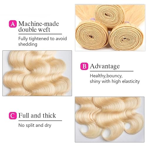 12A HC 613 Body Wave Bundles Human Hair 12 14 16 Inch Blonde Human Hair Bundles 12A Grade Brazilian Hair Extensions 100% Unprocessed Weave 3 Bundles
