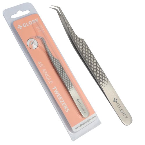 Glory 45 Degree Angle Lash Tweezers for Eyelash Extensions – Precision Fiber Tip Diamond Grip Stainless Steel Lash Tool for Classic Volume & Professional Lash Tech Supplies