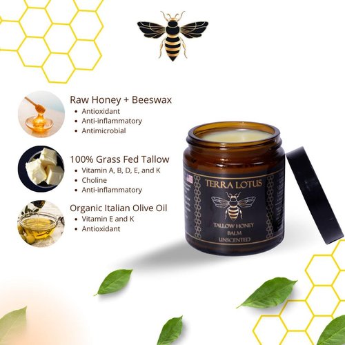 Terra Lotus - Organic Grass-Fed Beef Tallow Balm with Raw Honey - Moisturizing Cream for Soft, Smooth Skin - Handmade All-Natural Moisturizer (4oz, Unscented)