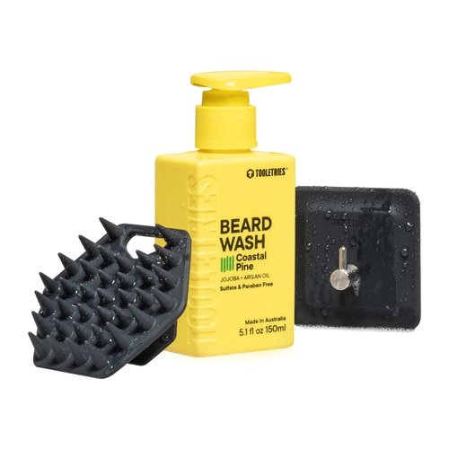 TOOLETRIES Beard Scrub Kit - Silicone Beard Scrubber & Storage Hook, Hydrating Men's Beard Wash - Bathroom & Shower Toiletries for Men, Travel Essentials