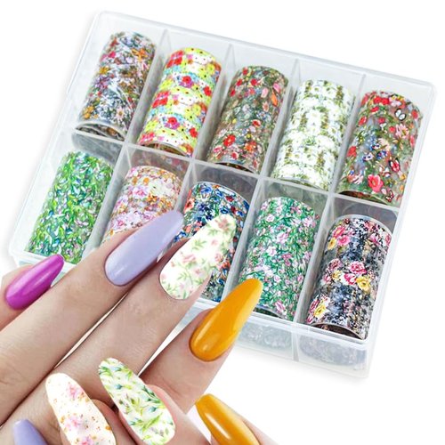 DANNEASY 10 Roll Flower Nail Foil Holographic Nail Foils Starry Sky Transfer Foil Sheets 3D Leaf Daisy Nail Stickers Decal Nail Art Foil for Women DIY Manicure Decoration