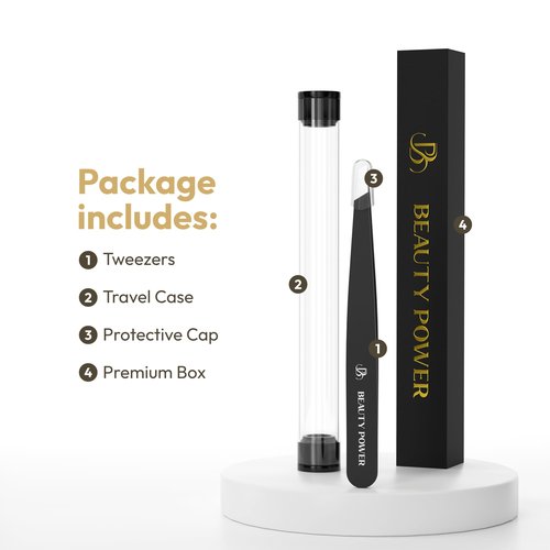 Beauty Power Professional Ultra-Precision Slant Tweezers for Women Facial Hair - German Stainless Steel, Tweezers for Men & Women, Black Eyebrow Tweezer for Ingrown Hair - Black