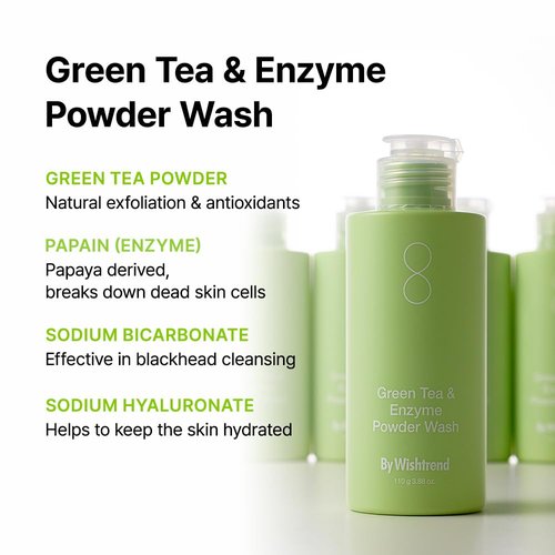 BY WISHTREND Green Tea & Enzyme Powder Wash, Gentle Cleanser for Oily & Sensitive Skin, Removes Impurities, Refine Texture, Deep Face Clean, 3.88 Oz