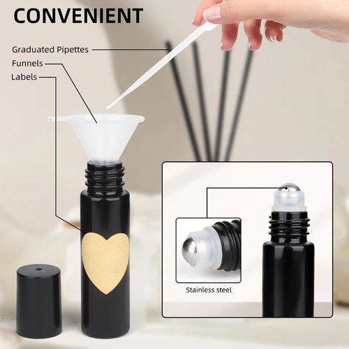HLYHTGZ 10ml Glass Essential Oil Roller Bottle, 24PCS Black Essential Oil Roller Bottles with Stainless Steel Rollers - Refillable, Leak-Proof Design, Suitable for Travel and DIY Skincare Products.