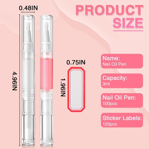 DupakSYS Nail Oil Pen 100Pcs 3ml Empty Cuticle Oil Pen Travel Transparent Twist Pens with Brush Tip for Nail Oil, Eyelash Growth Liquid Tube, Cosmetic Lip Gloss Container Applicators + 120pcs Label