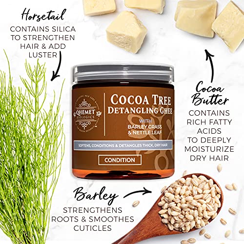Qhemet Biologics Cocoa Tree Detangling Ghee - Softening Detangler Ideal for High Porosity 4C-3C Hair - Makes Combing Easier & Restores Pliability, Elasticity & Softness to Dry, Matted Hair (9 oz)