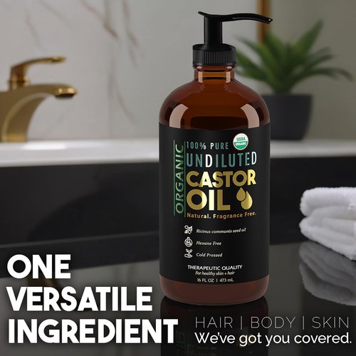 BALM OF GILEAD Organic Castor Oil for Skin Hydration - Therapeutic Cold Pressed, USDA Certified 100% Pure, Glass Bottle - 16 oz Unrefined, Hexane Free, Castor Oil for Hair & Eyelashes Growth