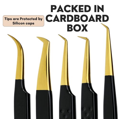 5pcs Fiber Tip Lash Tweezers Set – Curved Classic, Boot Volume, 90° & 45° Angle, Isolation Tweezer for Eyelash Extensions, Precision Stainless Steel, Professional Non-Slip Application Kit