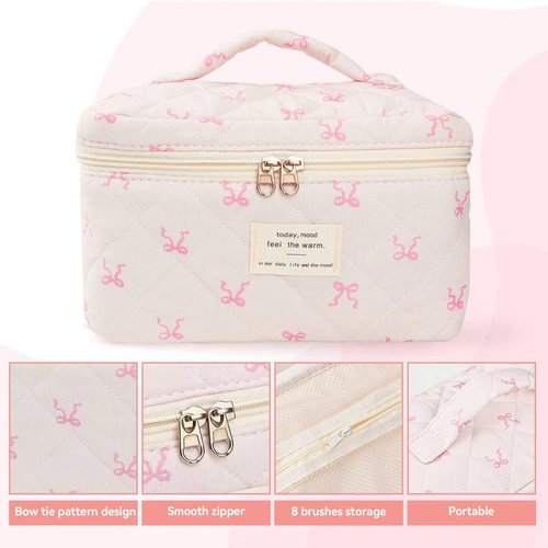 Large Travel Quilted Makeup Bag，Cute Bow Cotton cosmetic bag, Fashionable aesthetic makeup bag,Coquette Aesthetic Floral Travel Toiletry Bag for Women and Girls