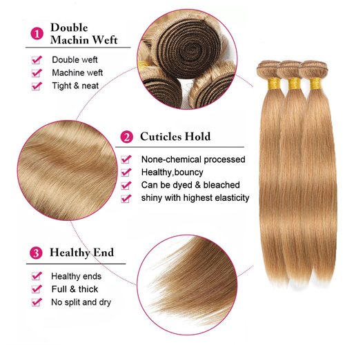 14 14 14 Inch #27 Honey Blonde Bundles Human Hair Straight 3 Bundles Brazilian Remy Hair 50 Grams/Bundle 10A Grade Unprocessed Virgin Hairs Blonde Straight Bundle Weaves Extensions