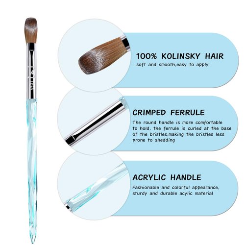 M ProK 100% Kolinsky Acrylic Nail Brush – Professional Nail Brush for Acrylic Application with Crystal Blue Handle – Handcrafted Salon Quality Tool (Size #12)
