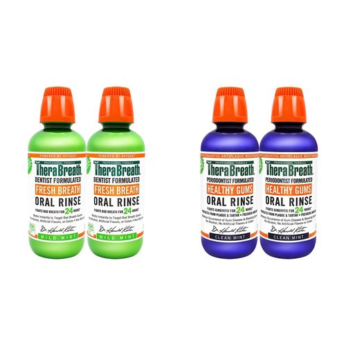 TheraBreath Fresh Breath Oral Rinse, Mild Mint, 16 Ounce Bottle (Pack of 2) and 24 Hour Healthy Gums Periodontist Formulated Oral Rinse, 16 Ounce (Pack of 2)
