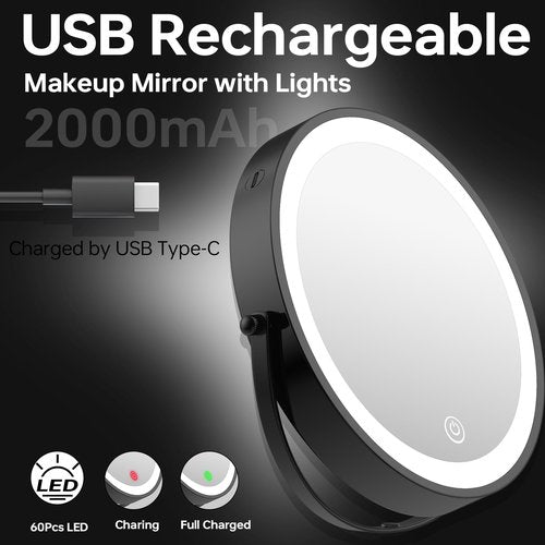 LANSI Wall Mounted Makeup Mirror with Lights, 8" Bathroom Vanity Magnifying Mirror Wall Mount with 1X/10X Magnification and Extendable Arm,Black