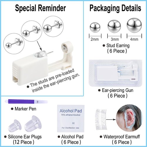 VitaCool Ear Piercing Kit Disposable Ear Cartilage Piercing Gun Kit with Sterile CZ Studs Easy and Safe Earring Self for Yourself Use at Home - Style J