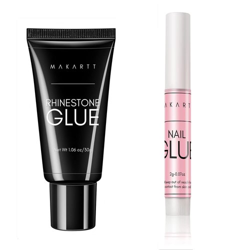 Makartt Nail Tips Nail Glue with Nail Rhinestone Glue Gel Bundle, 40PCS Nail Glue for Acrylic False Nail Tips, Super Strong Gem Glue Gel 1.06oz Nail Lamp Needed for Nail Glitter Jewels Crystals