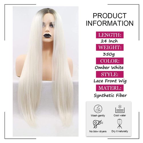 Angle Lucky Long Straight Platinum Blonde Lace Front Wig Synthetic Omber Blonde with Black Root Middle Part Wig Heat Resistant Fibre Realistic Hairline Daily Wigs for Women 24 Inch
