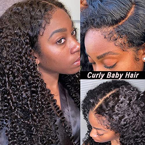 Kinky Curly Edges Hairline 13x4 Lace Front Wigs Human Hair Transparent HD Lace Frontal Wig Pre Plucked Pre Bleached Knots 4C Edges Baby Hair Deep Wave Curly Wig 180% Density (18inches)
