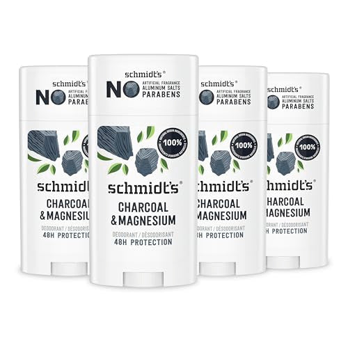 Schmidt's Aluminum-Free Vegan Deodorant Charcoal & Magnesium with 24 Hour Odor Protection, 4 Count for Women and Men, Natural Ingredients, Cruelty-Free, 2.65 oz