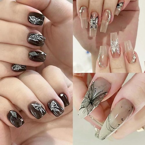 8 Sheet Black White Butterfly Nail Art Stickers 3D Butterflies Nail Decals for Women 3D Holographic Laser Butterfly Sparkly for Nail Designs Butterfly French Glitter DIY Nail Charm Manicure Decoration